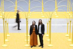 Fredrik Färg och Emma Blanche i designduon Färg & Blanche,  och deras installation The Yellow Thread under Sveriges EU-ordförandeskap i Bryssel.