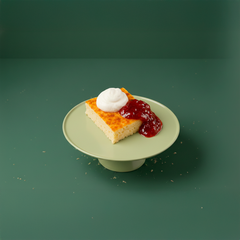 En bit småländsk ostkaka på ett fat, toppad med grädde och sylt.