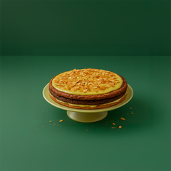 En Värmlandstårta på ett fat, dekorerad med mandelflagor och placerad mot en grön bakgrund.