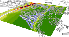 3D-visualisering av partikelhalten i luften i Kungälv år 2050 som COWI gjort på uppdrag av Kungälvs Kommun.