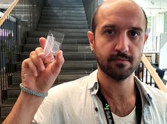 A microchip that could help reduce the process time for blood analysis is displayed by Selim Tanriverdi, a PhD student at KTH.