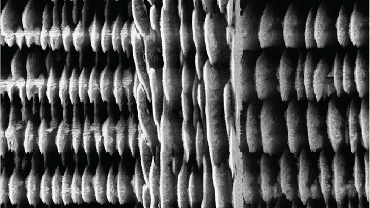 A close up of 3D-printed Si-rich glass micro-supercapacitors (MSCs) on silicon substrates. Magnified by 4720 times.