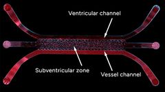 A partial view of the prenatal brain model: a microchip consisting of three channels with human cells.TOP, the ventricular channel; MIDDLE, the sub ventricular zone with neural stem cells and glia; BOTTOM, the blood vessel channel. Each channel is about 1 cm long.