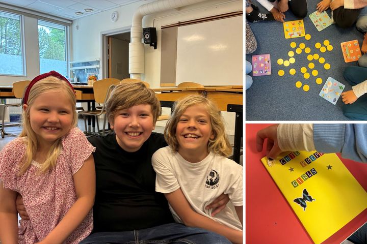 Tre barn som skrattar i ett klassrum. Barnhänder som skriver.