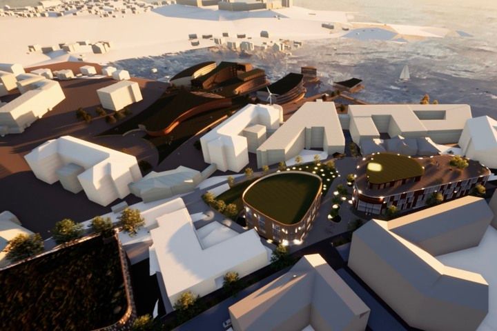 BTH och Karlskrona kommun vill utveckla Gräsvik till en levande stadsdel där människor möts, idéer växer och framtid formas. Fotot visar en vision av hur det skulle kunna se ut.