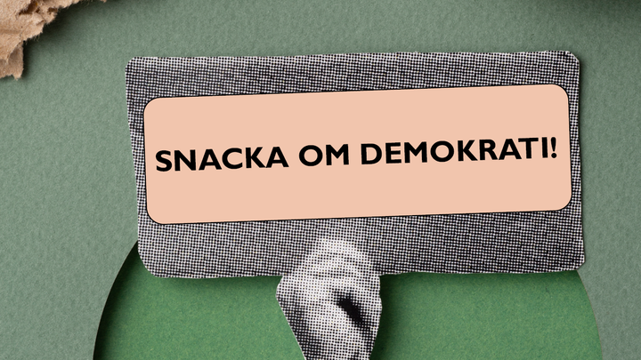 Alt-text: "Texten 'Snacks om demokrati!' på en färgglad bakgrund."