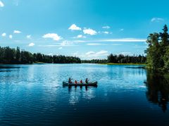 En grupp människor paddlar en kanot på en sjö omgiven av skog under en klarblå himmel.