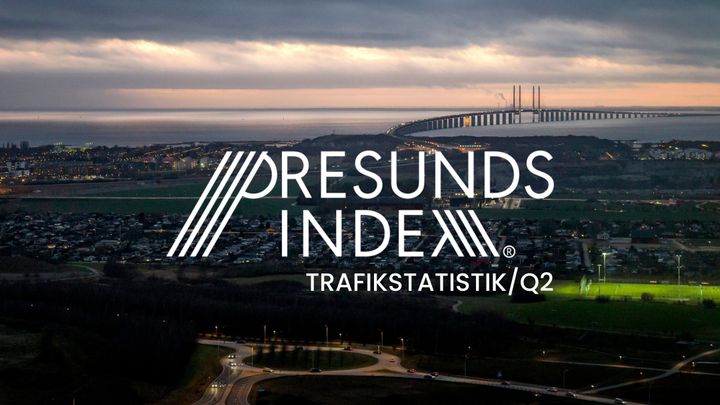 Flygfoto över Öresundsbron med texten "Øresundsindex Trafikstatistik/Q2" ovanpå.