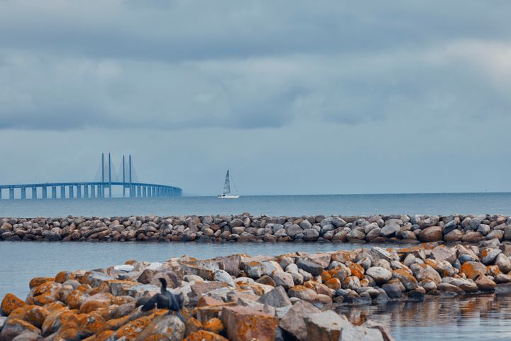Vy över Øresundsbron med molnig himmel och segelbåt i bakgrunden.