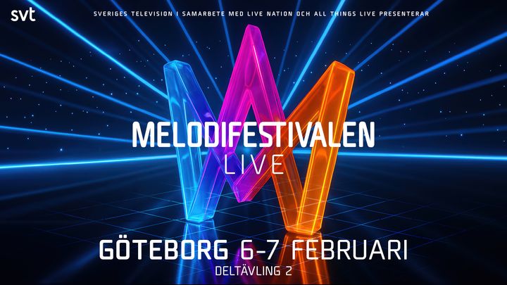 En affisch för Melodifestivalen i Göteborg den 6-7 februari med neonfärgade bokstäver.