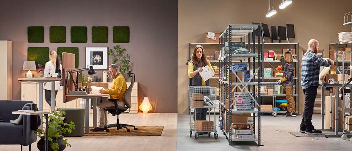 Kontors- och lagerarbete: Två personer vid skrivbord och två personer som hanterar lagerhyllor med kartonger.