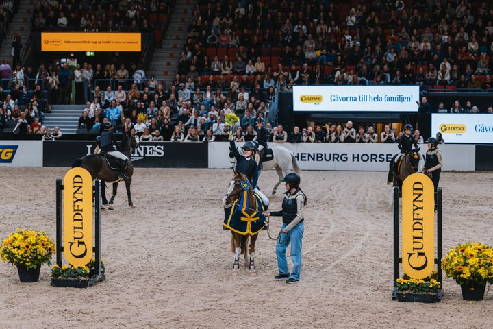 Ryttaren Melody Granberg och ponnyn Hewid Caradog under prisutdelningen när de vann Sverigeponnyn presented by Guldfynd 2025.