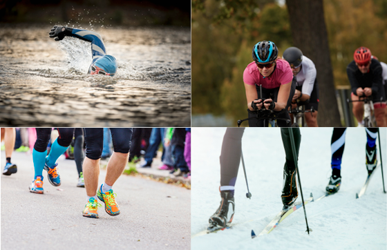 Bilden visar de fyra olika distansloppen simning, cykling, jogging och skidåkning.