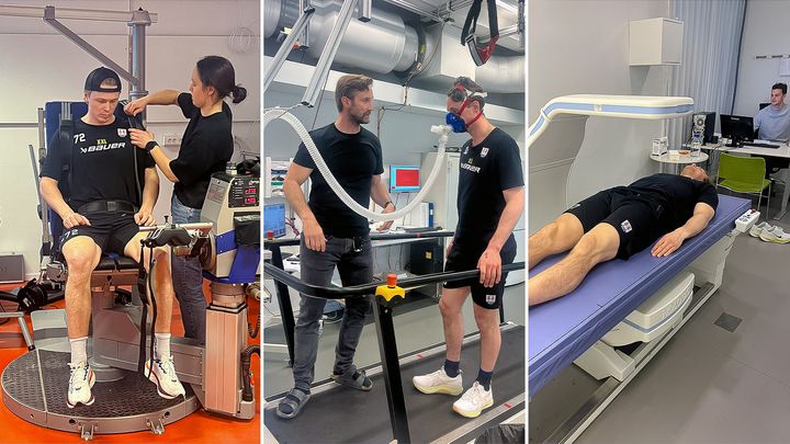 Bilden visar spelare från Timrå IK som genomför tester i GIH:s laboratorier.