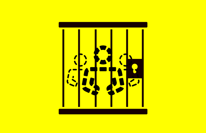 Illustration i gult och svart av tre människor bakom galler med ett lås – symboliserar gisslan och förlorad frihet.