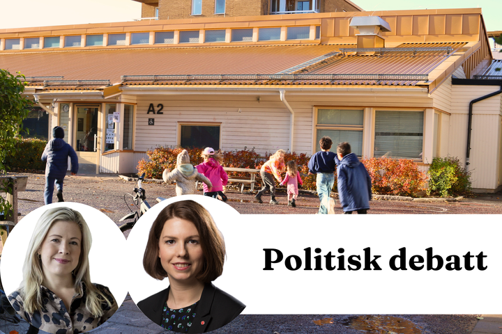 Ekensbergsskolans skolgård med barn, infäld bild på Andrea Hedin och Emilia Bjuggren med texten Politisk debatt