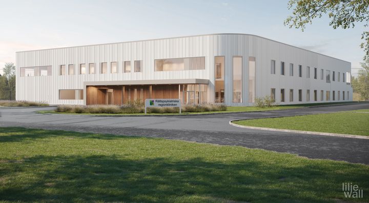 Illustrationsbild av nya vårdbyggnaden för Rättspsykiatriska regionkliniken i Växjö