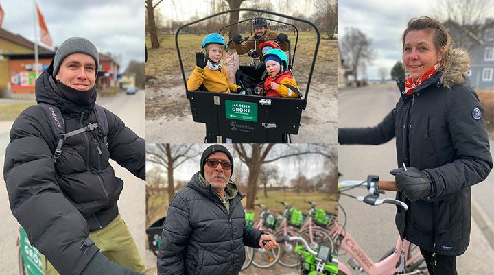 Simon, Abbarah och Anna ska testa på livet med elcykel i Ryssby och barnfamiljen Frick lånar en lådcykel.