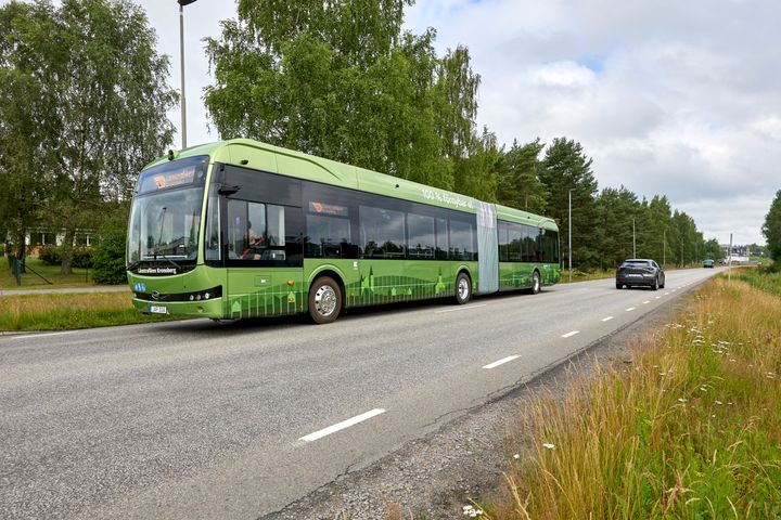 En lång grön buss kör på en landsväg, omgiven av träd och gräs.