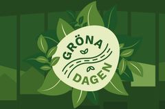 En illustration med gröna löv och texten "Gröna Dagen" i mitten.