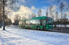 En grön buss kör på en väg genom ett snötäckt landskap med träd och en klar himmel i bakgrunden.