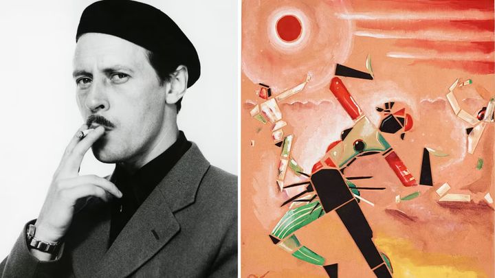 Vänster: CO Hultén, foto Georg Oddner, höger: ”extas” Gouache och kollage utförd 1937, slutpris 236,000 SEK