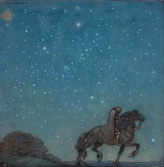 John Bauer, "Han vilade icke ett ögonblick förrän han i skymningen nådde fram", en illustration till sagan Vingas krans i den sjätte upplagan av Bland tomtar och troll från 1912