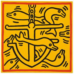 Keith Haring "Untitled". Signerad K. Haring och daterad Jan. 5 1989 a tergo. Akryl på duk 61 x 61 cm. Utropspris: 6 000 000–8 000 000 SEK.
