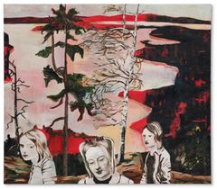 Mamma Andersson, "Vännen". Signerad Mamma Andersson och daterad 1996 a tergo. Olja på duk 128,5 x 147 cm och daterad 1996 a tergo. Olja på duk 128,5 x 147 cm. Utropspris: 1 500 000–2 000 000 SEK.
