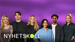 Gruppfoto av sex reportrar från Nyhetskoll mot en lila bakgrund.