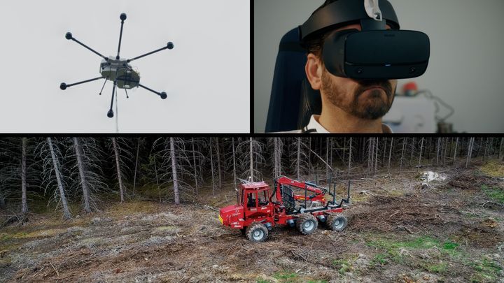 Kollage med drönare, skogsmaskin och man i VR-glasögon.