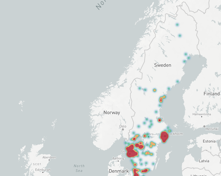 Skärmdump av spridningskartan av covid i Sverige.