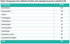 Yrkesgrupper med flest antal uppsagda på grund av arbetsbrist