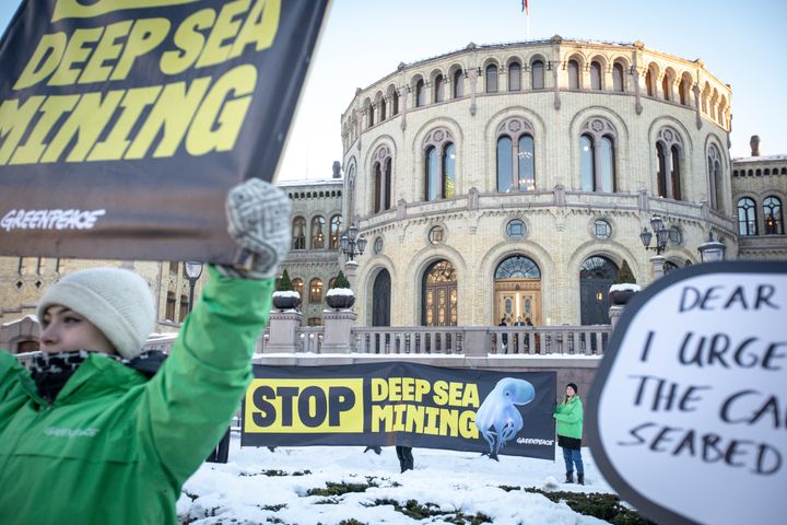 Protest mot djuphavsgruvdrift utanför Stortinget i Norge