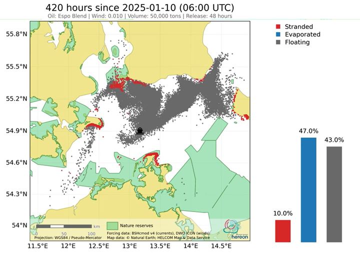Simulering av hur ett utsläpp på 50 000 ton olja från den havererade skuggtankern Eventin skulle ha förorenat skyddade havs- och kustområden i Danmark, Sverige och Tyskland inom en månad.