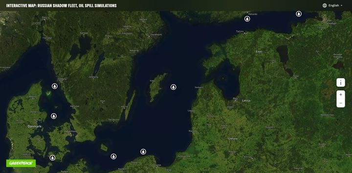 Interaktiv karta av Greenpeace som visar oljespillssimuleringar i Östersjöområdet.