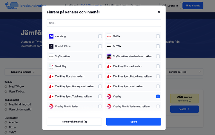 Filtrera på tv-kanaler och streamingtjänster