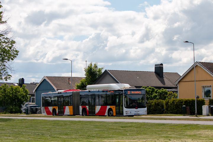 En buss på en gata intill ett villaområde.