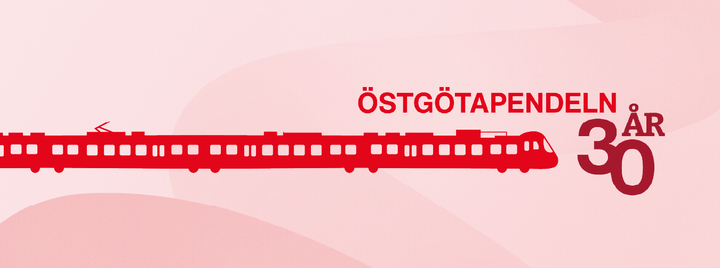 En illustration på ett tåg och en logga för Östgötapendeln 30 år.