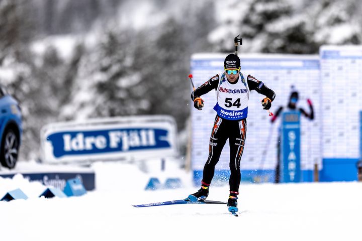 Jesper Nelin, Biathlon Östersund Idrottsförening under söndagens Sprint på Idre Fjäll 2023.