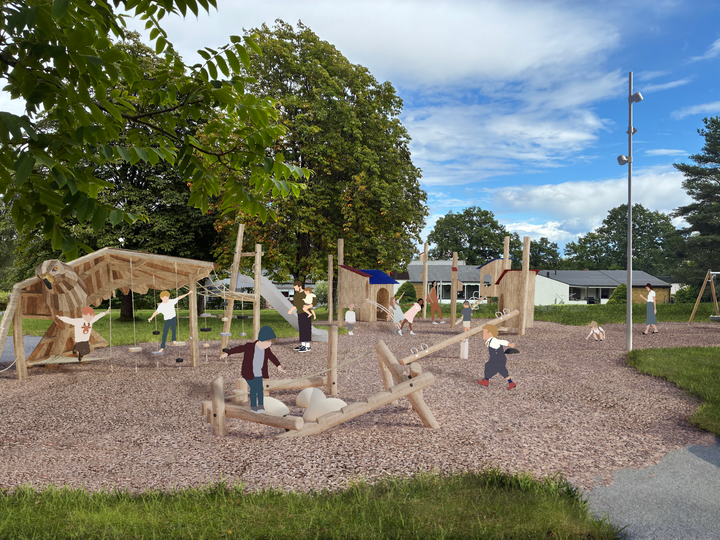 Illustration som visar barn som leker på Hökvägens lekplats efter ombyggnationen. På lekplatsen finns trälekredskap, en stor hökliknande klätterställning, fågelholkar och gungor.