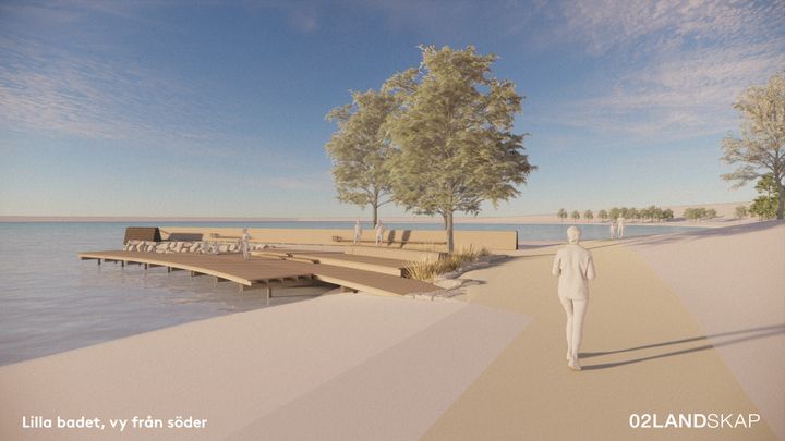 Visionsbild som visar en stenpir med en träbrygga som sträcker sig ut i en sjö.