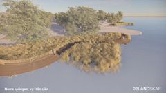 Illustration som visar en slingrande trägång på pålar (spång) som slingrar sig i vattnet i sjökanten.