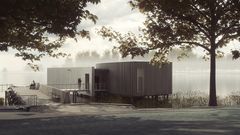 Visualisering av kallbadhuset i Växjösjön från gång- och cykelstråket på sjöns östra sida. I förgrunden träd längs stråket, bakom dem byggnaden med träfasad på pålar med en pir ut över vattnet. Människor vistas på piren.