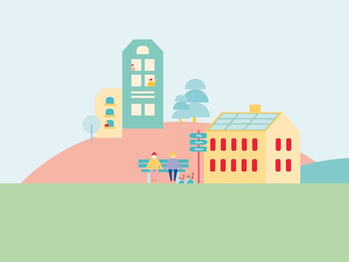 Illustration av hus och grönområde