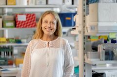 Denna bild visar Lisa Westerberg, professor i experimentell immunologi, i ett laboratorium med hyllor fyllda av forskningsmaterial i bakgrunden.