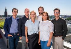 Aftonbladets nya affärsledning. Från vänster, Niclas Bergström, Peter Nelander, Therese Stalén, Hans Nordberg, Shirine Bauer och Carl Lundborg (Michael Poromaa saknas på bilden). Foto: Ola Axman/Aftonbladet