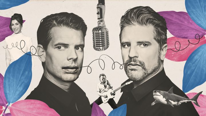 AI som utveckla kulturjournalistiken. Svenska Dagbladets kulturredaktion har tagit hjälp av avancerad AI-analys för att kartlägga poddvärlden. Först ut att processas är Alex & Sigges podcast”. Illustration: Liv Widell/SvD. Foto: Magnus Ragnvid, Alamy, TT.