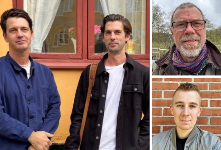 Egil Söderin och Anton Borgström (tv) och Jan Lindsten (överst th) och Lukas Frisell (nederst th) tilldelas 2024 år Klimatjournalist-pris för sin granskning av Tankesmedjan Timbros kopplingar till oljebolaget Exxon.