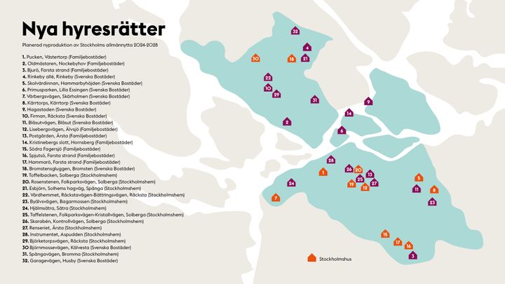 Karta Nyproduktion 2024 Karta över nyproduktion, Stockholms allmännytta, 2024-2028